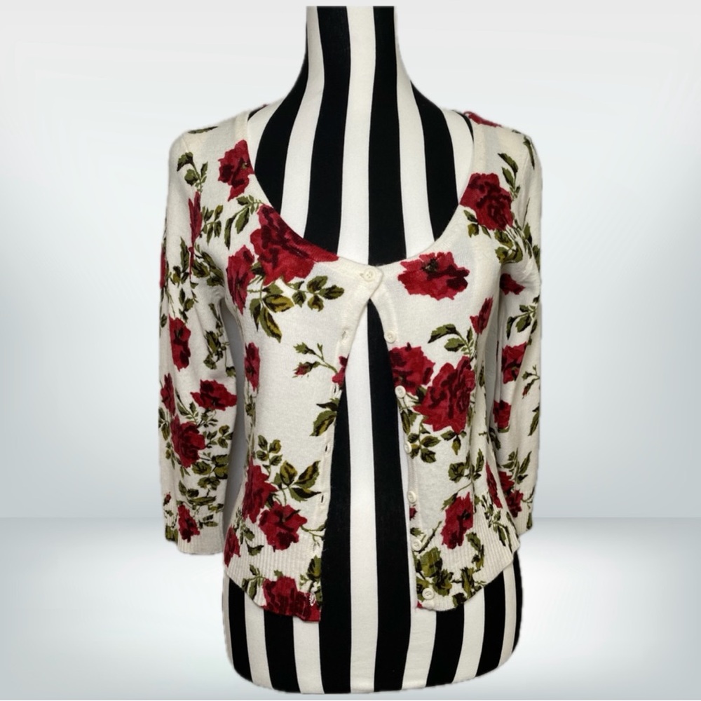 Cream & Red Rose Cropped Cardigan